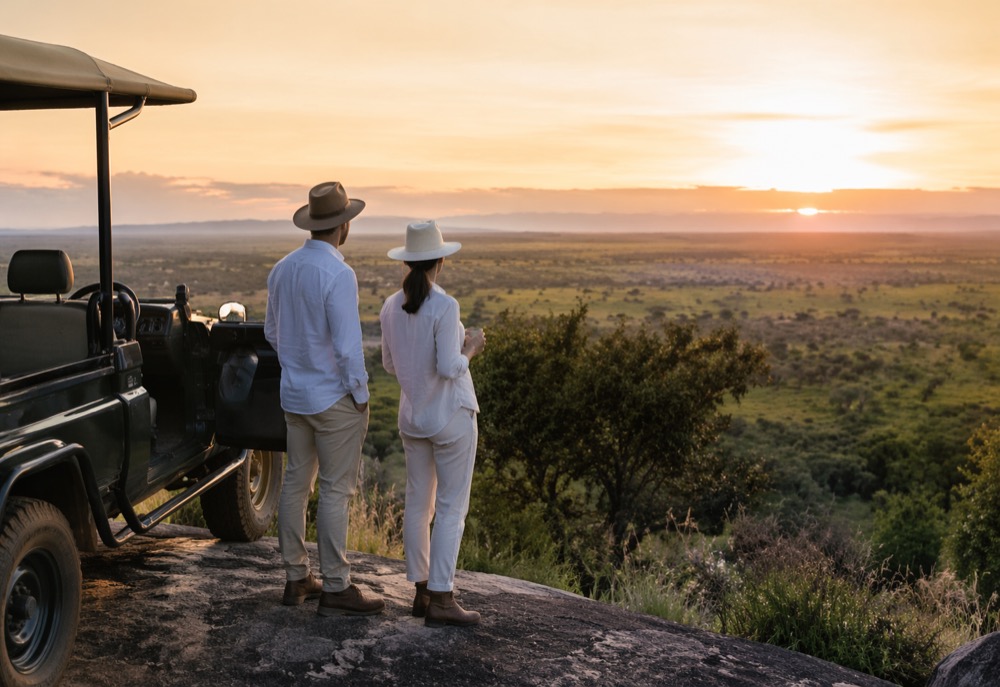Travelers beside a private safari vehicle overlooking Tanzanian plains