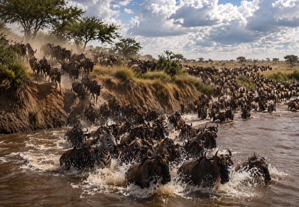 Wildebeest and zebras crossing the Serengeti plains